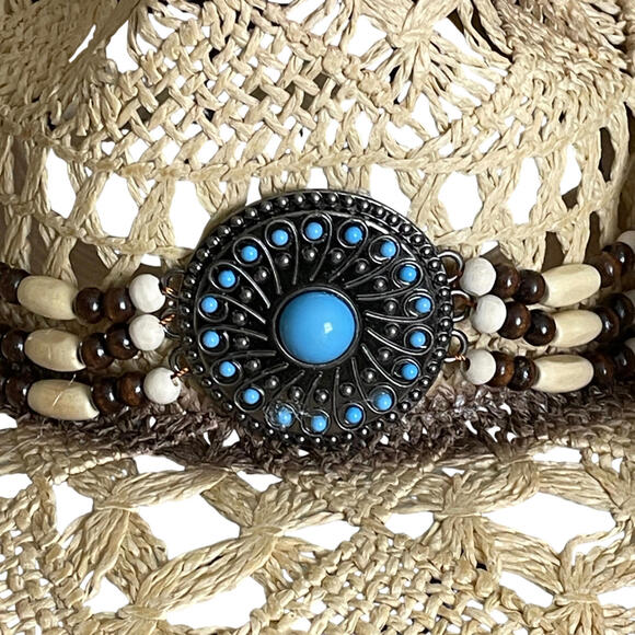 Fluffy Sense Straw Cowboy Cowgirl Hat Beaded Turquoise Hatband Shapeable Brim - Picture 2 of 8